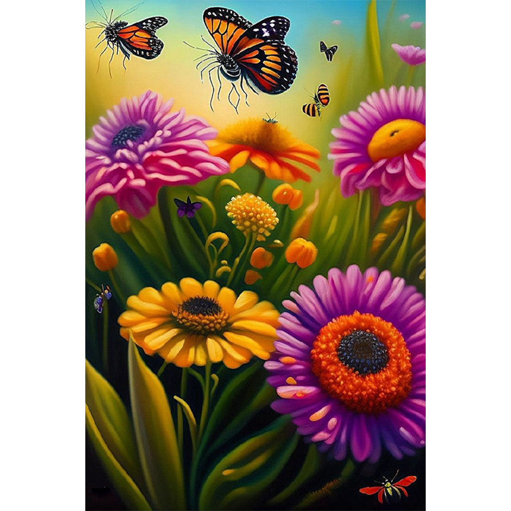 Flower Butterfly - Full Round Drill Diamond Painting 40*60CM