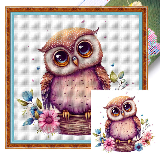 Owl In Flower Basket - 18CT Stamped Cross Stitch 25*25CM