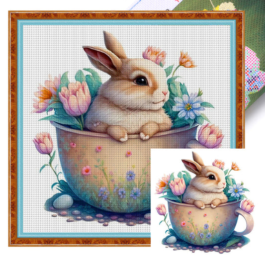 Rabbit In Cup - 18CT Stamped Cross Stitch 25*25CM