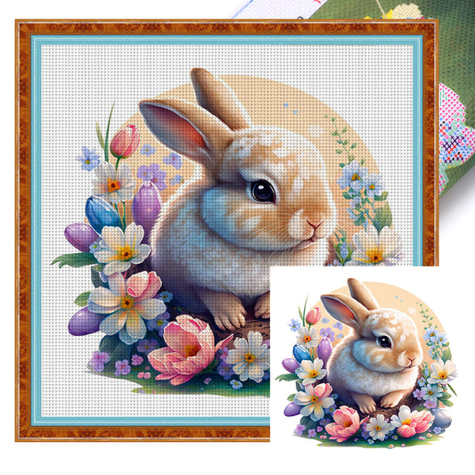 Rabbit In Flowers - 18CT Stamped Cross Stitch 25*25CM