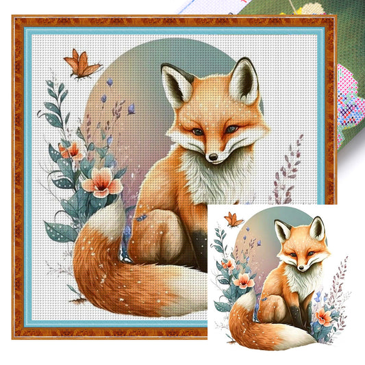 Flowers And Grass Fox - 18CT Stamped Cross Stitch 25*25CM