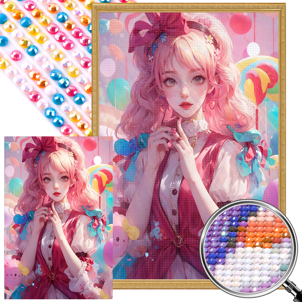 Candy Pink Girl - Full AB Round Drill Diamond Painting 40*60CM