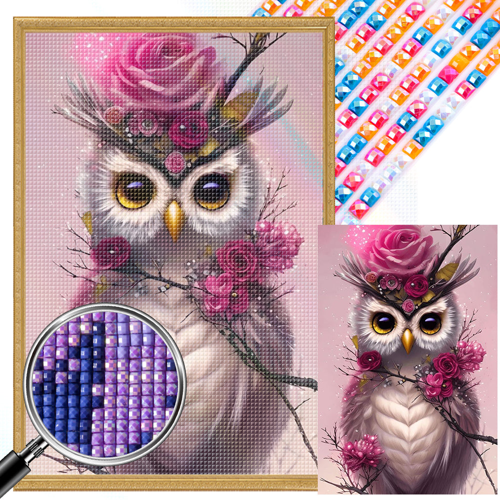 Pink Owl - Full AB Round Drill Diamond Painting 40*60CM