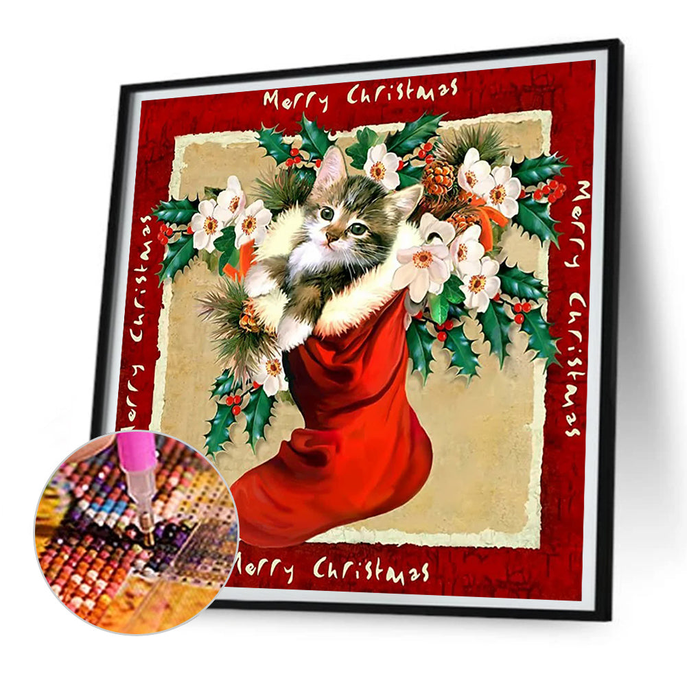 Christmas Stocking Cat - Full Round Drill Diamond Painting 30*30CM