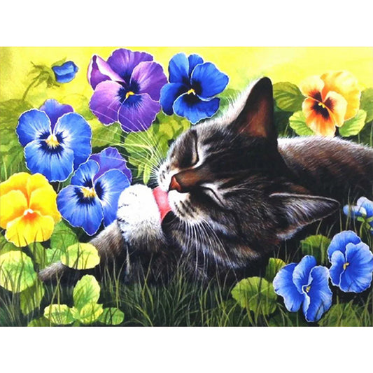 Cat Resting Among Flowers - Full Round Drill Diamond Painting 40*30CM