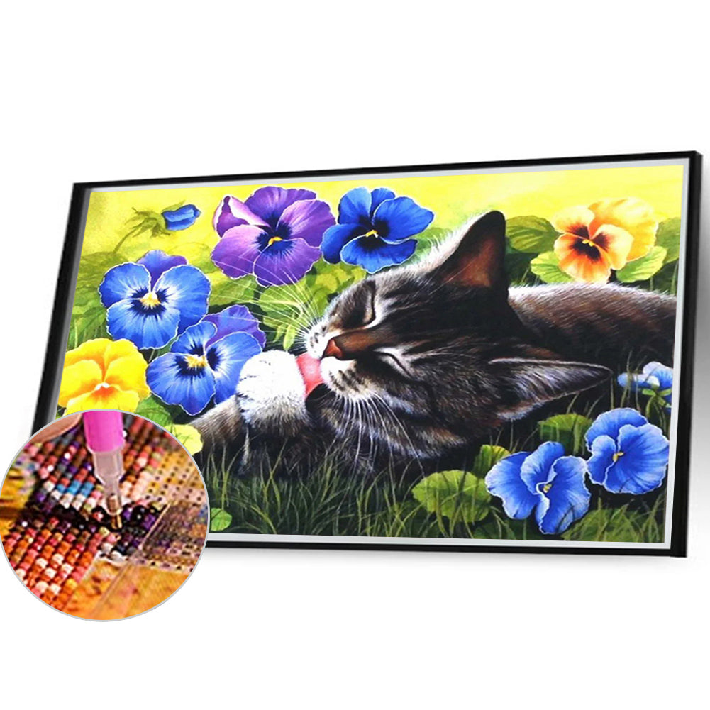 Cat Resting Among Flowers - Full Round Drill Diamond Painting 40*30CM