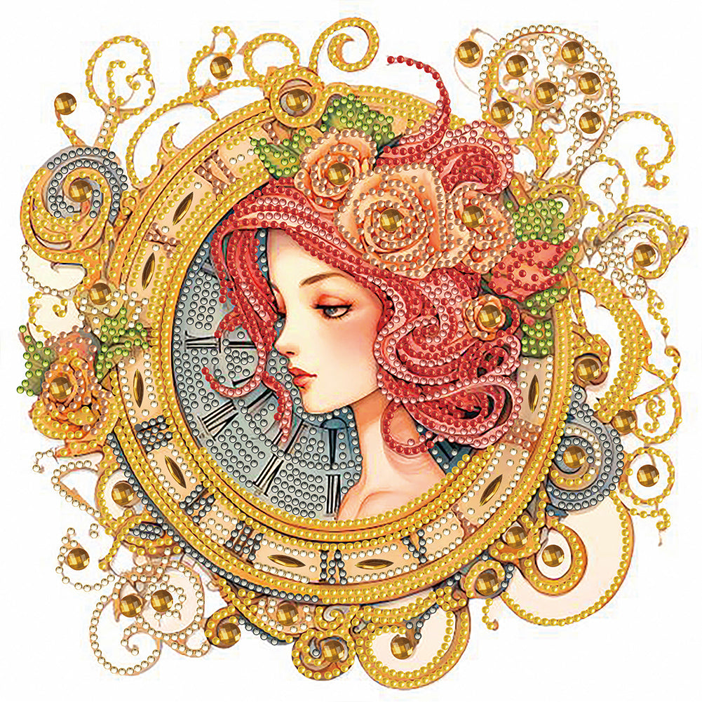 Clock With Redhead Girl -  Special Shaped Drill Diamond Painting 30*30CM