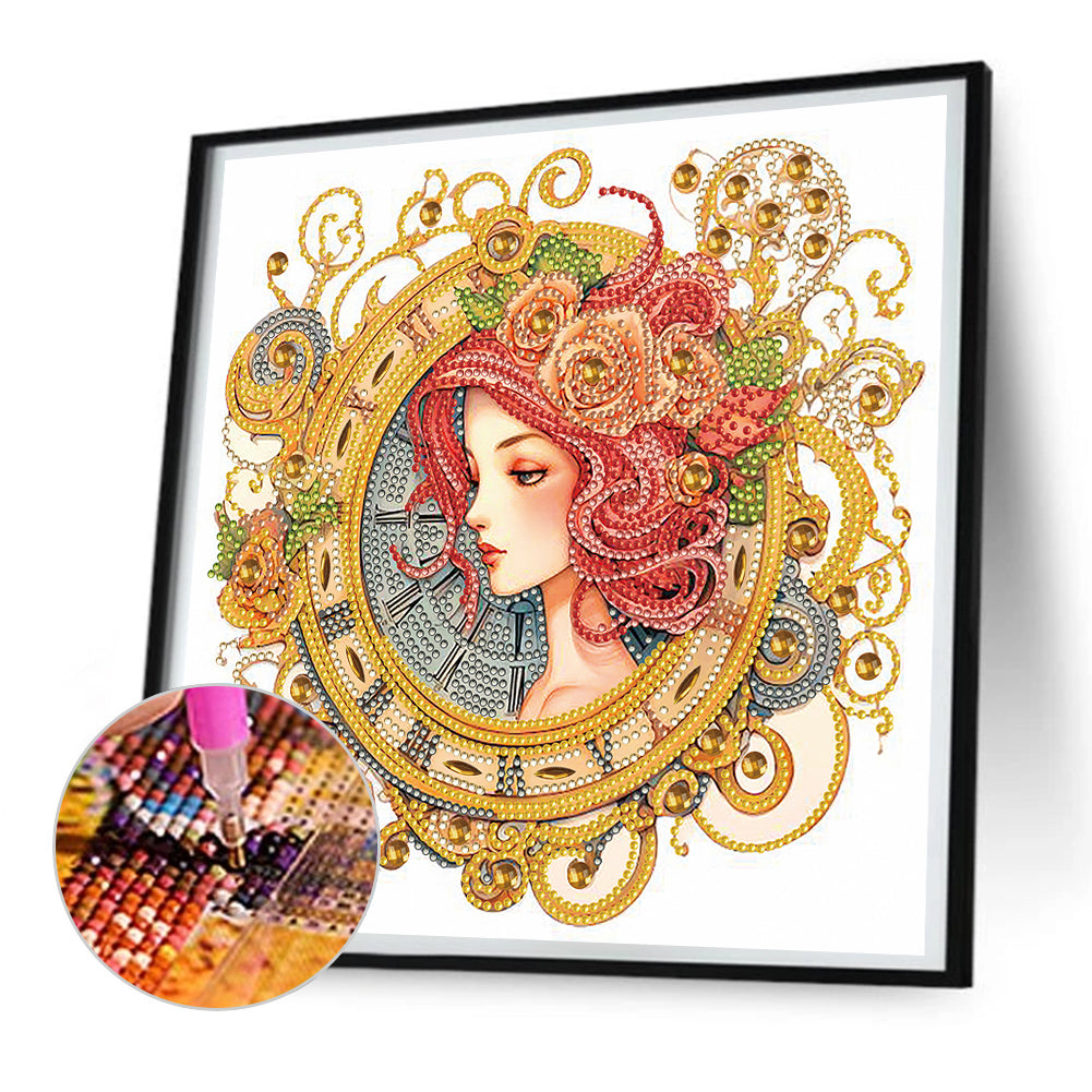 Clock With Redhead Girl -  Special Shaped Drill Diamond Painting 30*30CM