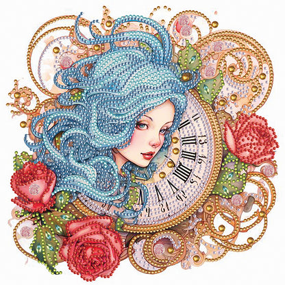 Clock And Blue-Haired Girl -  Special Shaped Drill Diamond Painting 30*30CM