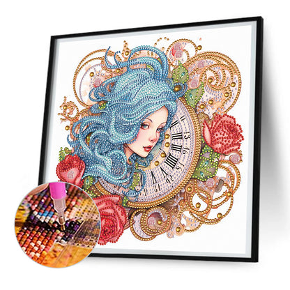 Clock And Blue-Haired Girl -  Special Shaped Drill Diamond Painting 30*30CM