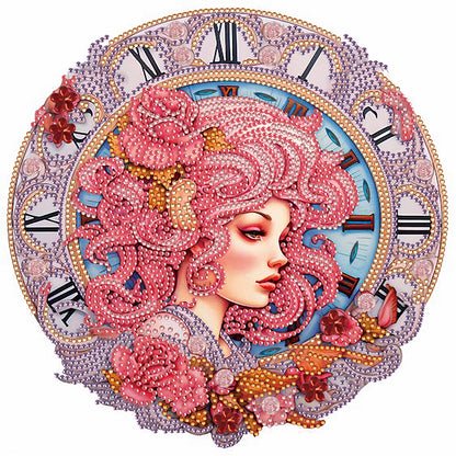 Clock And Pink-Haired Girl - Special Shaped Drill Diamond Painting 30*30CM