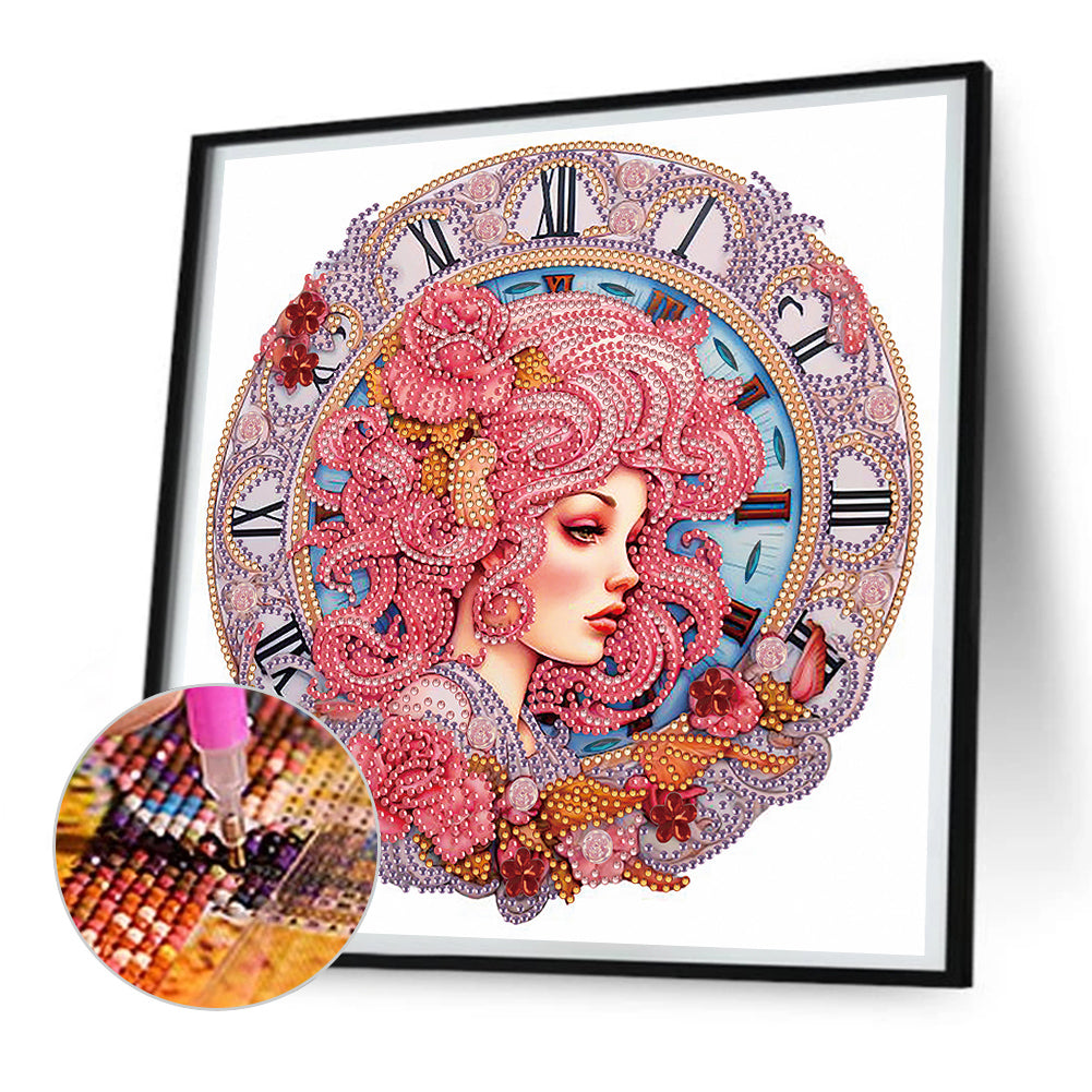 Clock And Pink-Haired Girl - Special Shaped Drill Diamond Painting 30*30CM