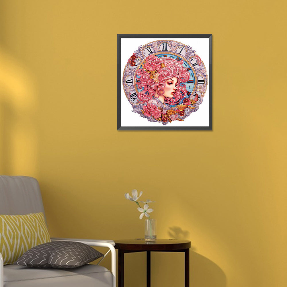 Clock And Pink-Haired Girl - Special Shaped Drill Diamond Painting 30*30CM