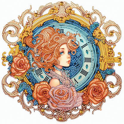 Clock With Brunette Girl -  Special Shaped Drill Diamond Painting 30*30CM