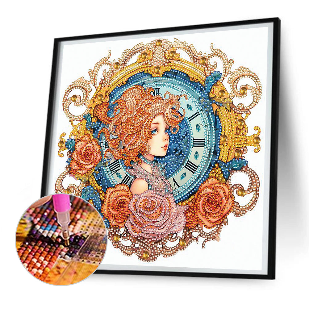 Clock With Brunette Girl -  Special Shaped Drill Diamond Painting 30*30CM