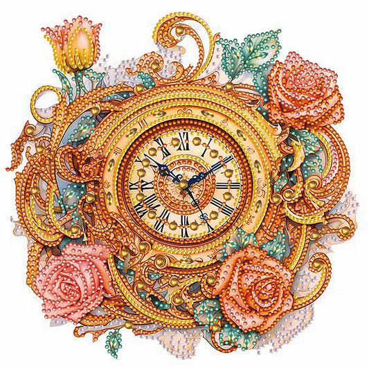 Clock And Roses - Special Shaped Drill Diamond Painting 30*30CM