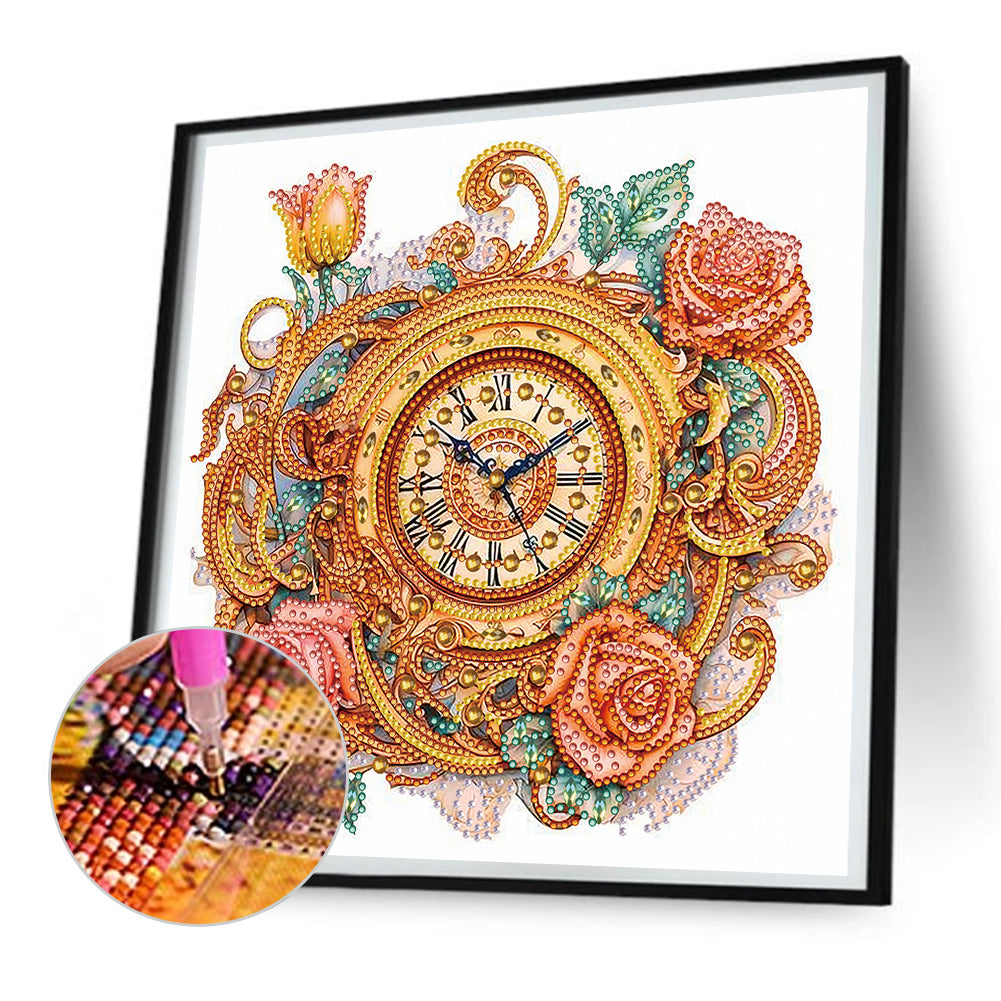 Clock And Roses - Special Shaped Drill Diamond Painting 30*30CM