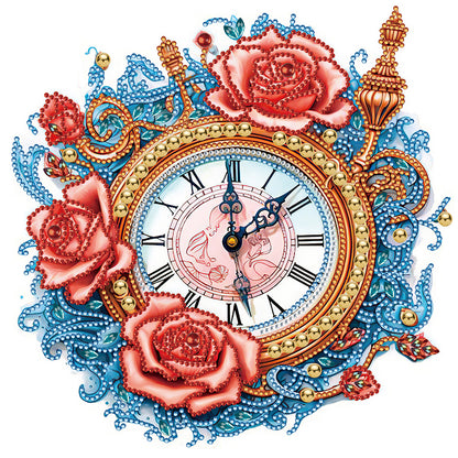 Clock And Blue Vine Roses -  Special Shaped Drill Diamond Painting 30*30CM