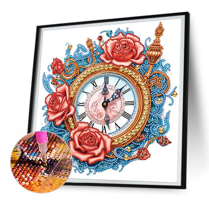 Clock And Blue Vine Roses -  Special Shaped Drill Diamond Painting 30*30CM