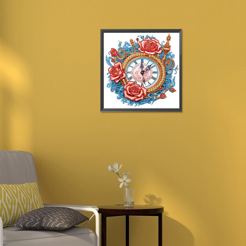 Clock And Blue Vine Roses -  Special Shaped Drill Diamond Painting 30*30CM