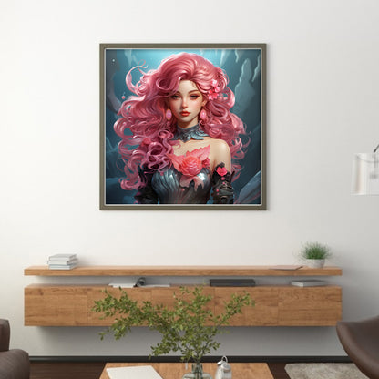 Pink Curly Hair Girl - 11CT Stamped Cross Stitch 50*50CM