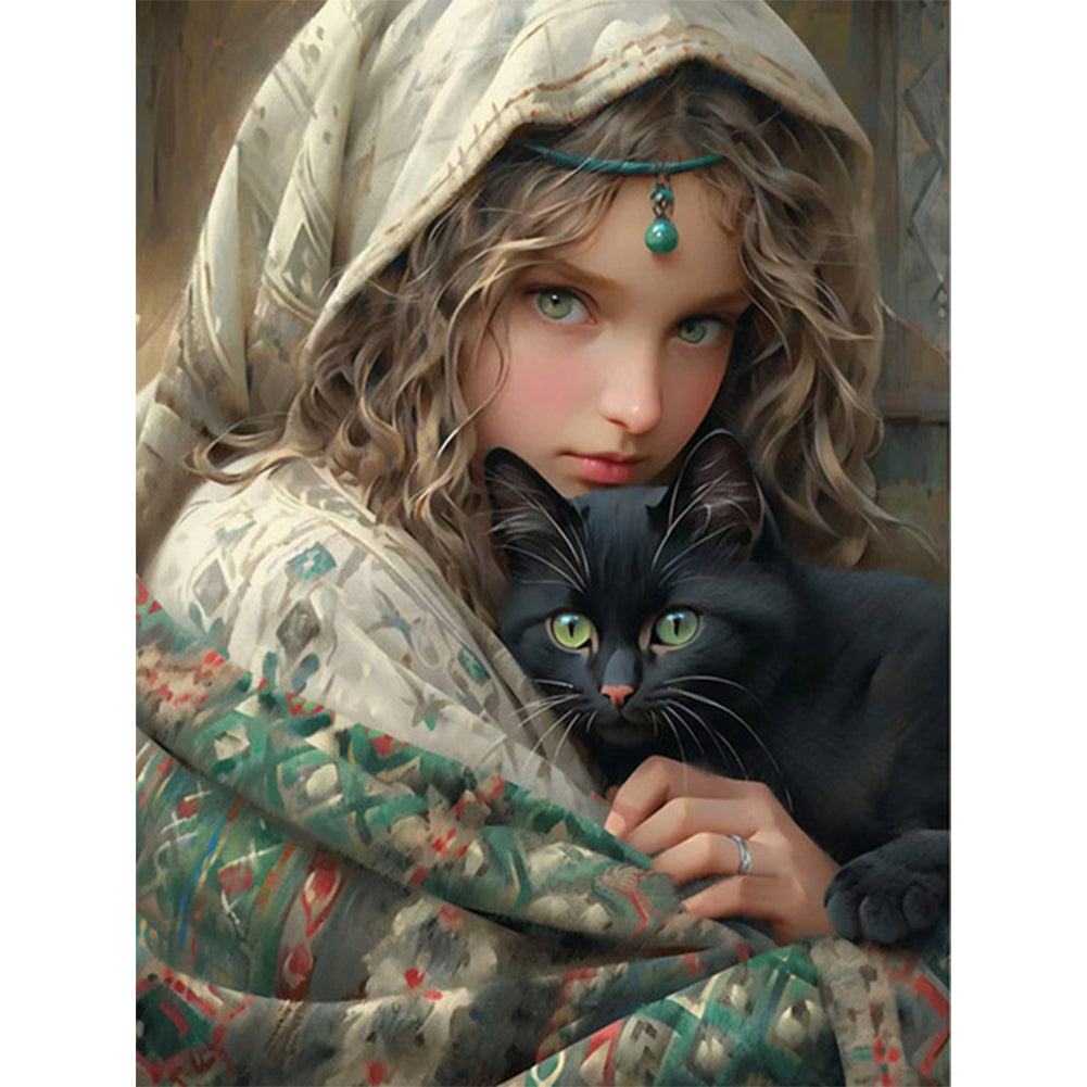 Girl And Cat - 11CT Stamped Cross Stitch 50*65CM