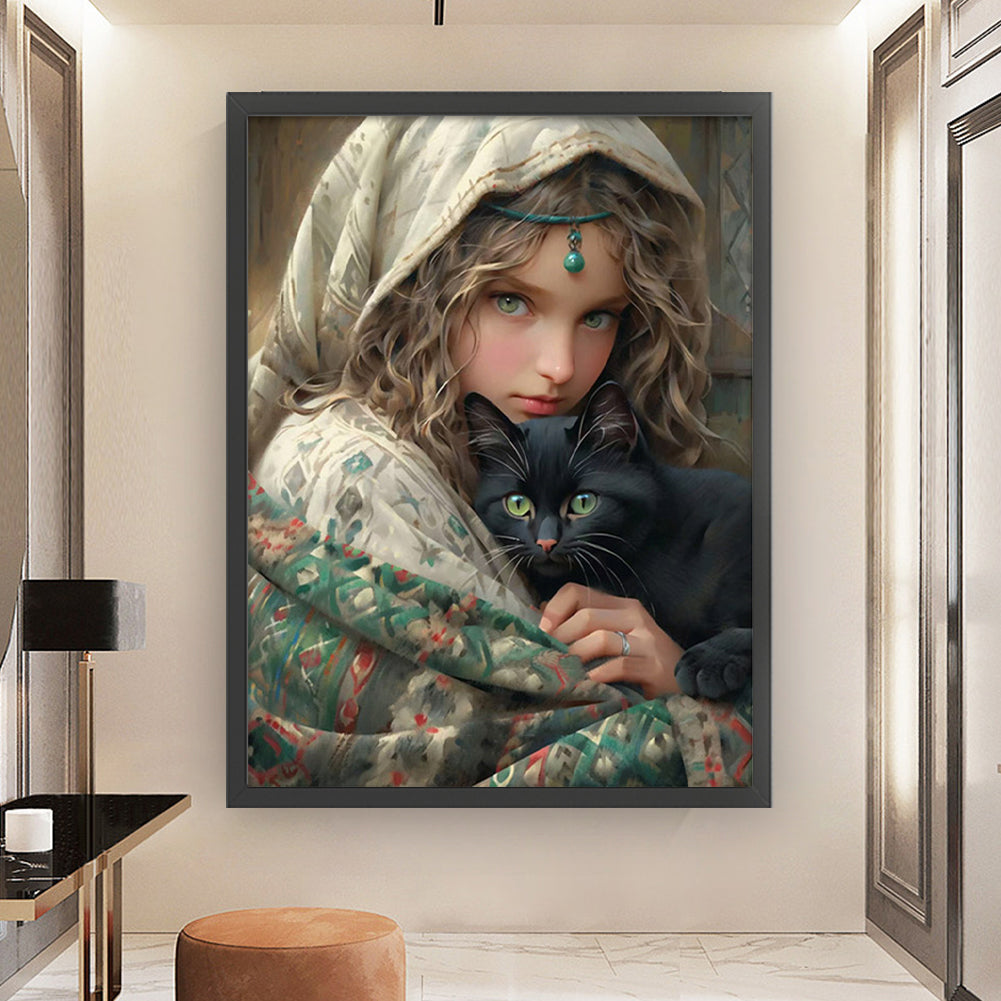 Girl And Cat - 11CT Stamped Cross Stitch 50*65CM