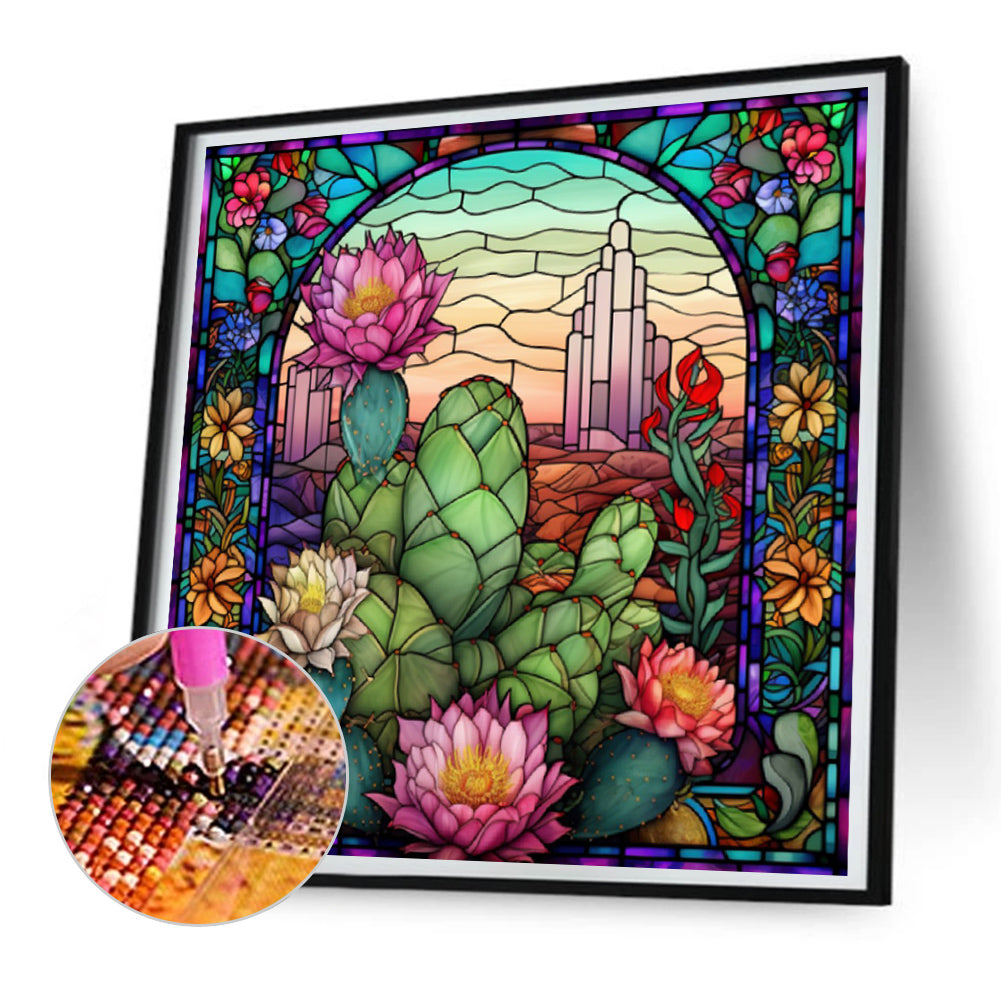 Cactus Flower Glass Painting - Full Round Drill Diamond Painting 30*30CM