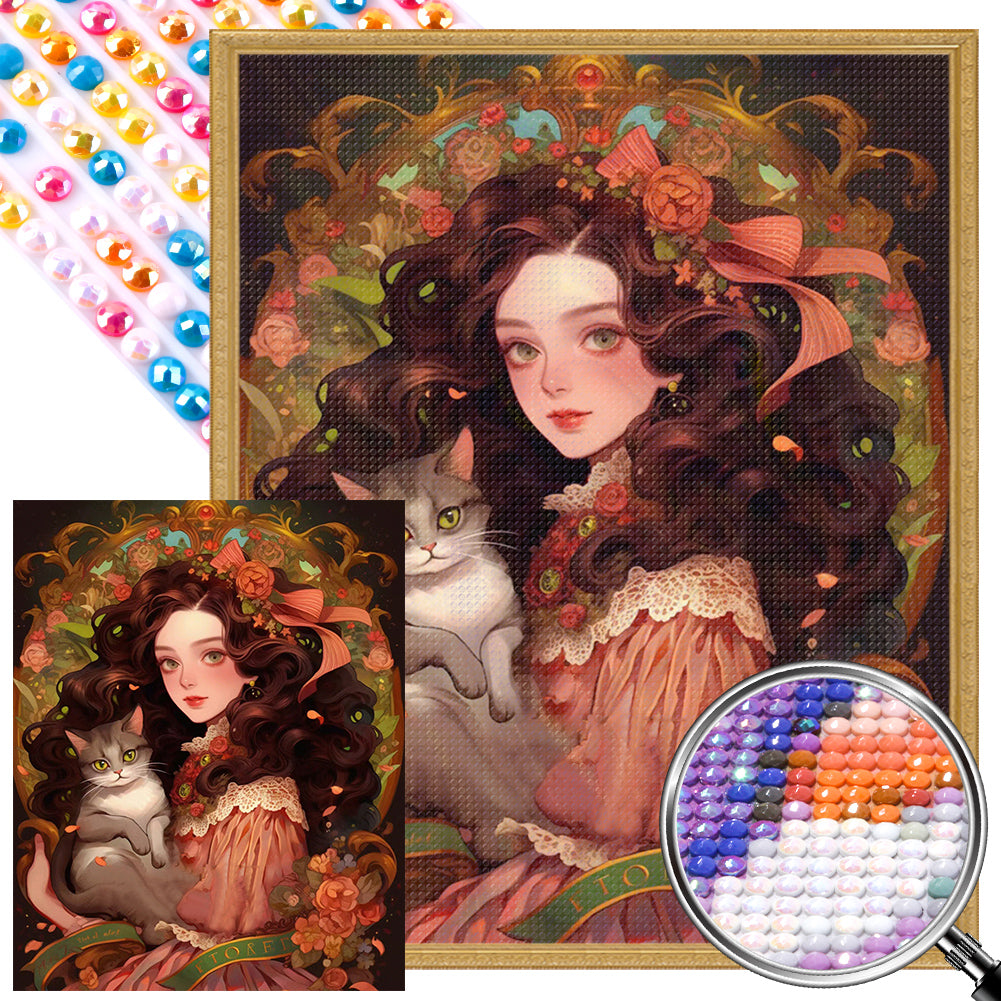 Retro Literary Cat Girl - Full AB Round Drill Diamond Painting 40*50CM