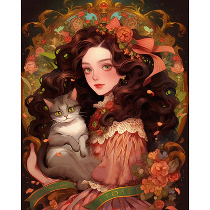 Retro Literary Cat Girl - Full AB Round Drill Diamond Painting 40*50CM