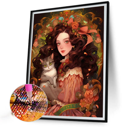 Retro Literary Cat Girl - Full AB Round Drill Diamond Painting 40*50CM