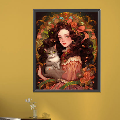 Retro Literary Cat Girl - Full AB Round Drill Diamond Painting 40*50CM