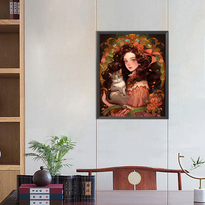 Retro Literary Cat Girl - Full AB Round Drill Diamond Painting 40*50CM