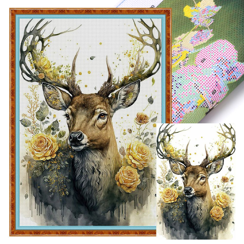 Retro Poster - Deer And Flowers - 11CT Stamped Cross Stitch 40*60CM