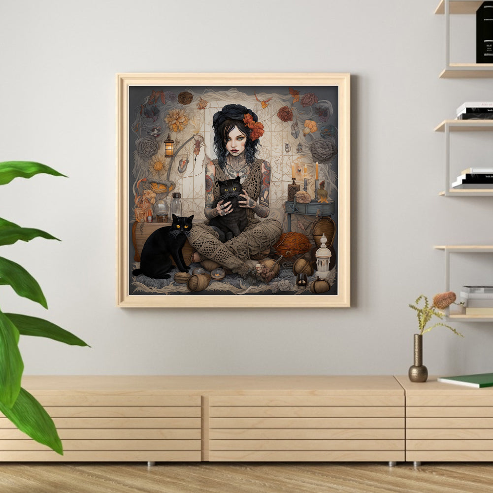 Girl And Black Cat - 11CT Stamped Cross Stitch 70*70CM