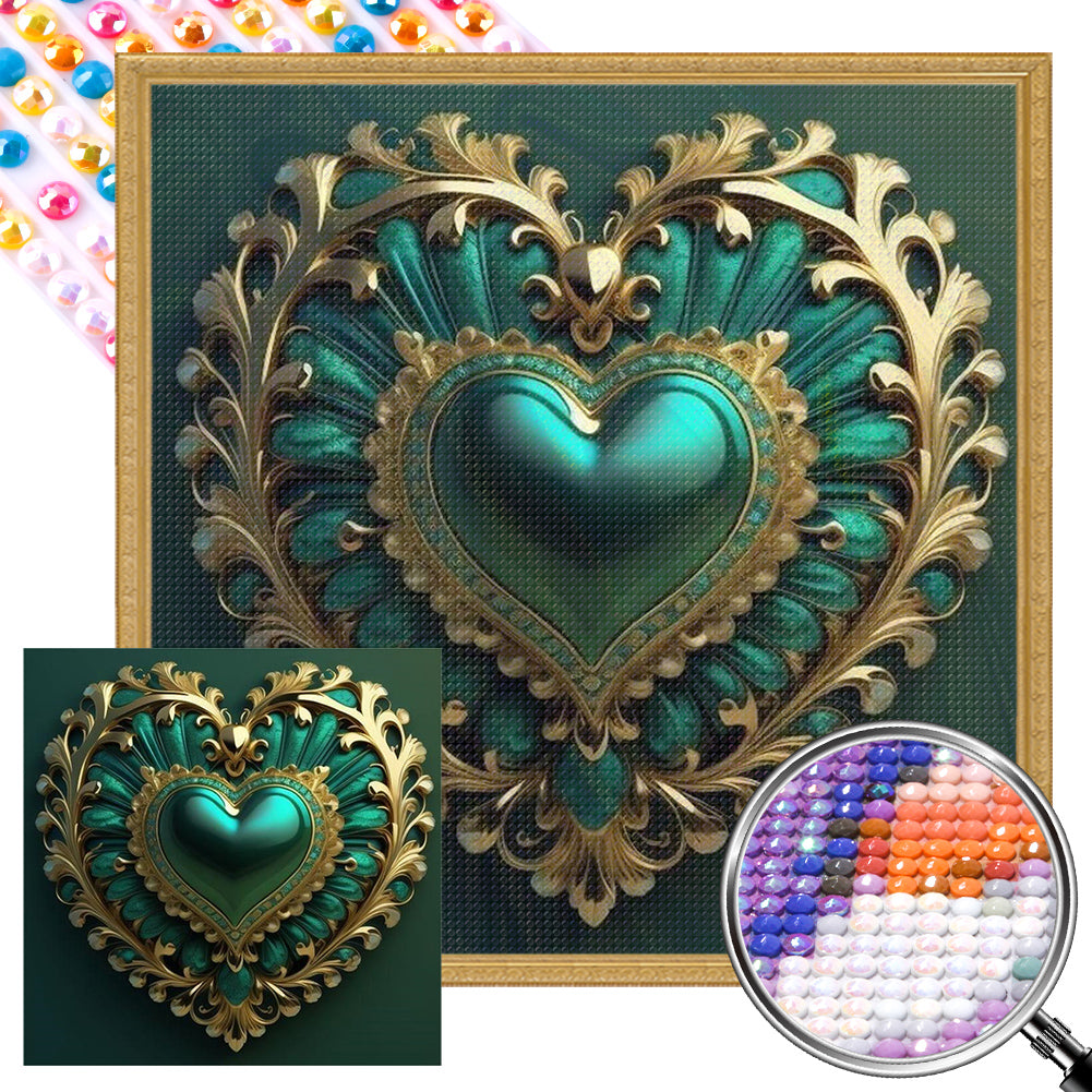 Peacock Green Heart - Full AB Round Drill Diamond Painting 40*40CM