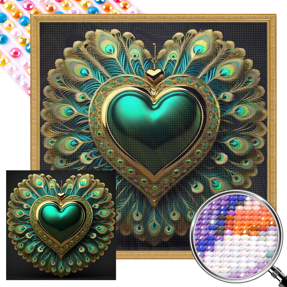 Peacock Green Heart - Full AB Round Drill Diamond Painting 40*40CM