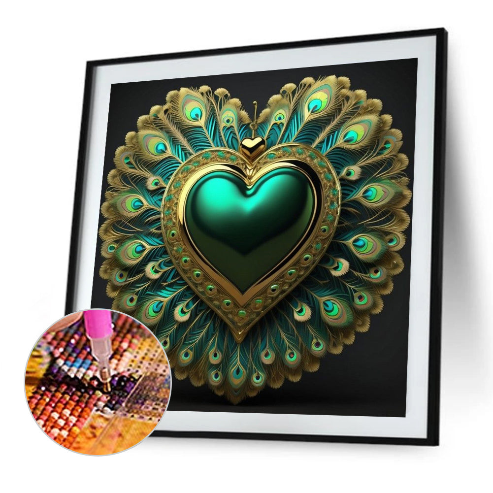 Peacock Green Heart - Full AB Round Drill Diamond Painting 40*40CM