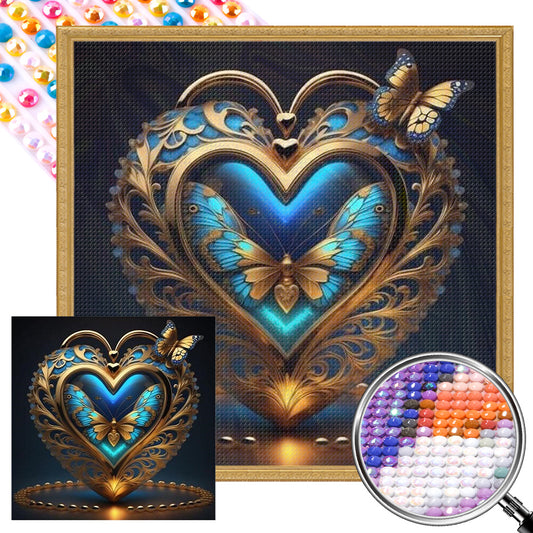 Blue Butterfly Heart - Full AB Round Drill Diamond Painting 40*40CM