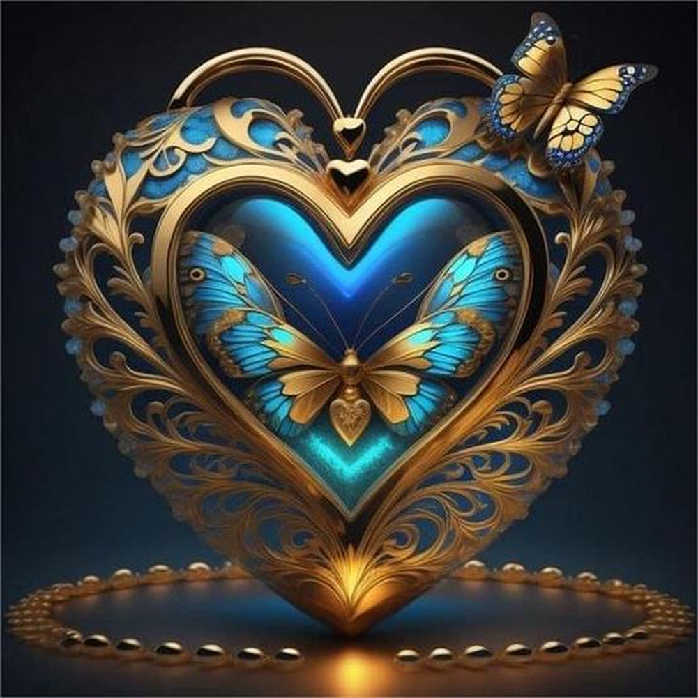 Blue Butterfly Heart - Full AB Round Drill Diamond Painting 40*40CM