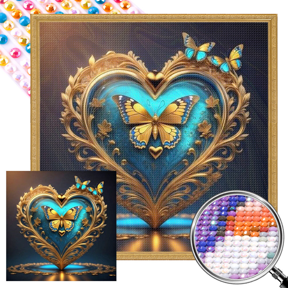 Blue Butterfly Heart - Full AB Round Drill Diamond Painting 40*40CM