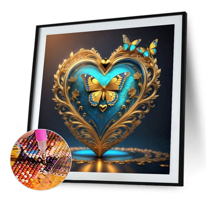 Blue Butterfly Heart - Full AB Round Drill Diamond Painting 40*40CM