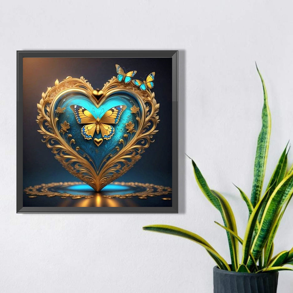 Blue Butterfly Heart - Full AB Round Drill Diamond Painting 40*40CM