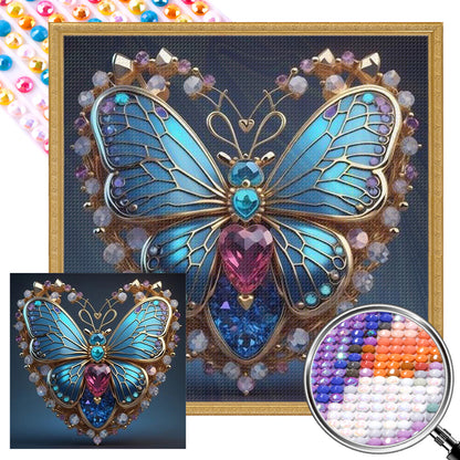 Blue Butterfly Heart - Full AB Round Drill Diamond Painting 40*40CM