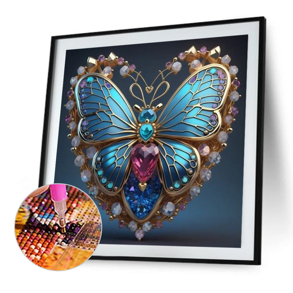 Blue Butterfly Heart - Full AB Round Drill Diamond Painting 40*40CM