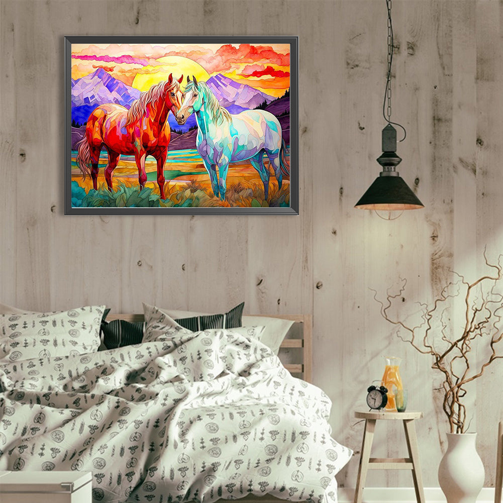 Two Horses In The Prairie - Full Round Drill Diamond Painting 40*30CM