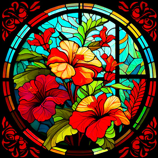 Glass Hibiscus Window - Full Round Drill Diamond Painting 50*50CM