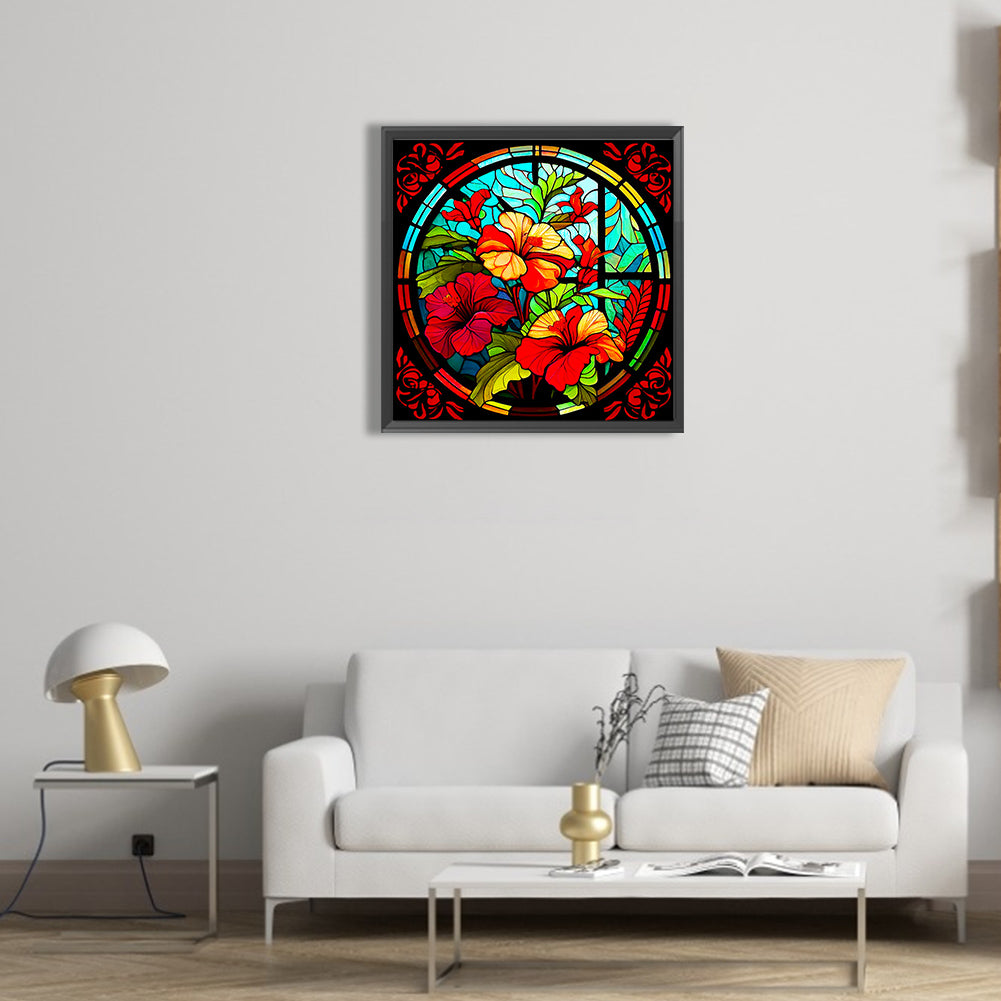 Glass Hibiscus Window - Full Round Drill Diamond Painting 50*50CM
