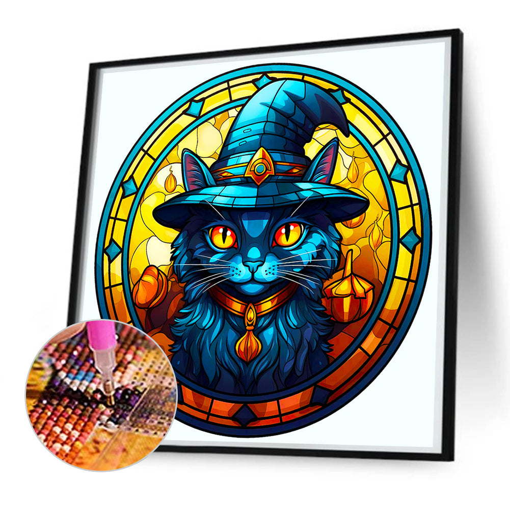 Glass Halloween Black Cat - Full Round Drill Diamond Painting 50*50CM