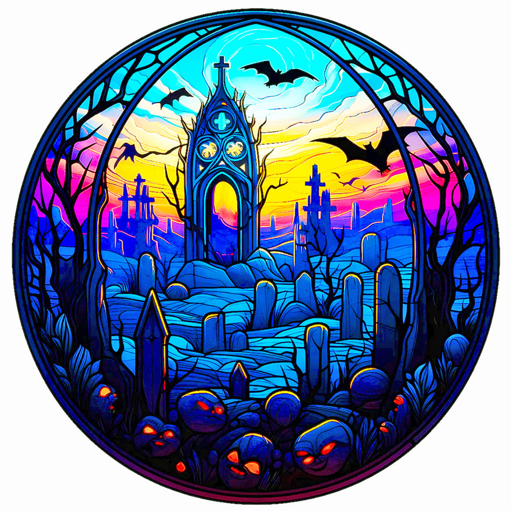 Glass Halloween Graveyard - Full Round Drill Diamond Painting 50*50CM